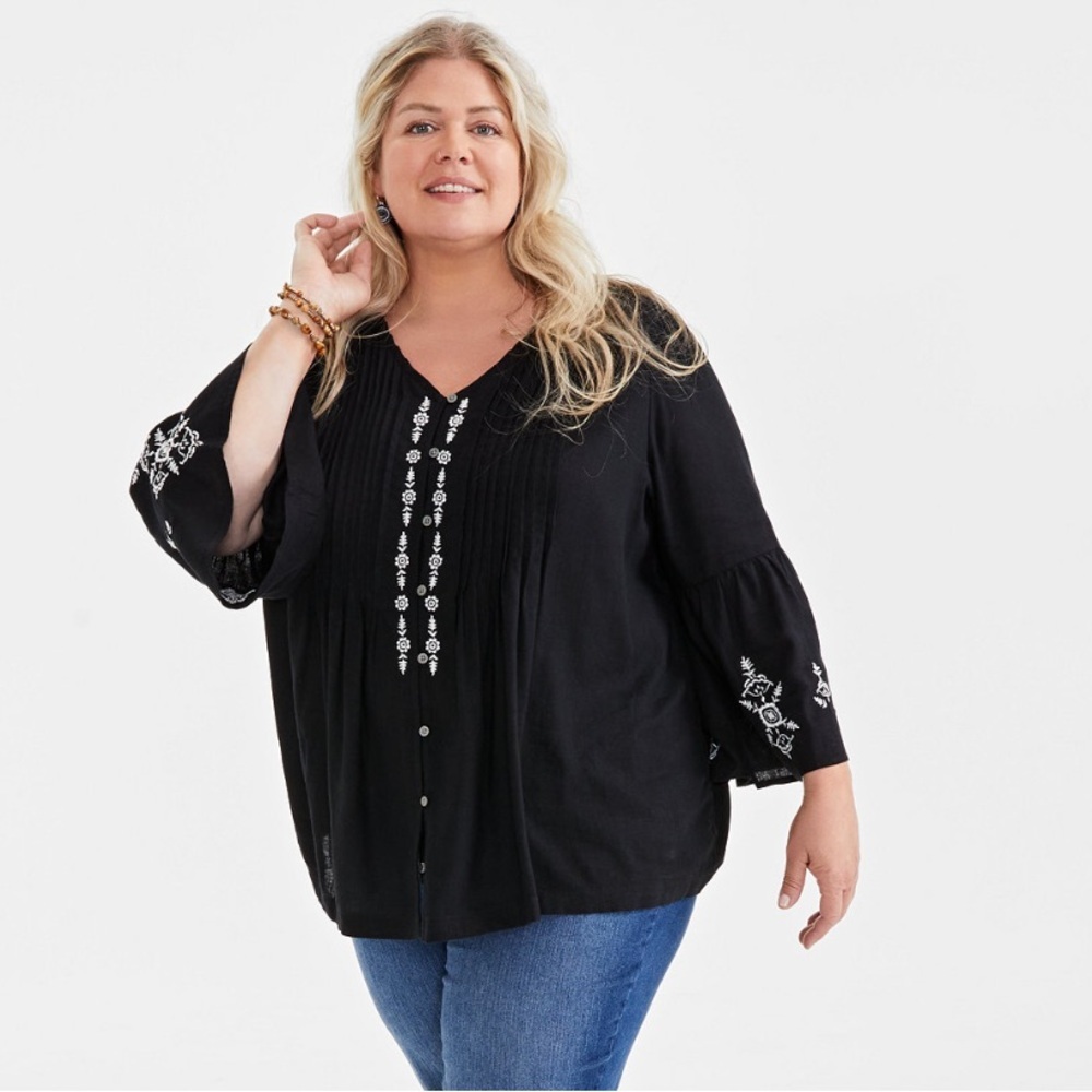 Style & Co V-Neck Embroidered Pintuck Black Blouse Bell Sleeves Size 2XL